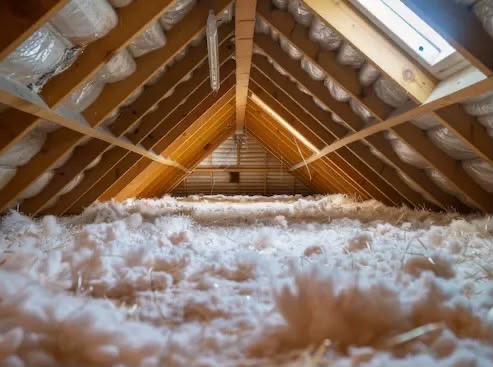 Cinematic attic photo looking down a triangular attic with insulation and skylight in New Port Richey FL